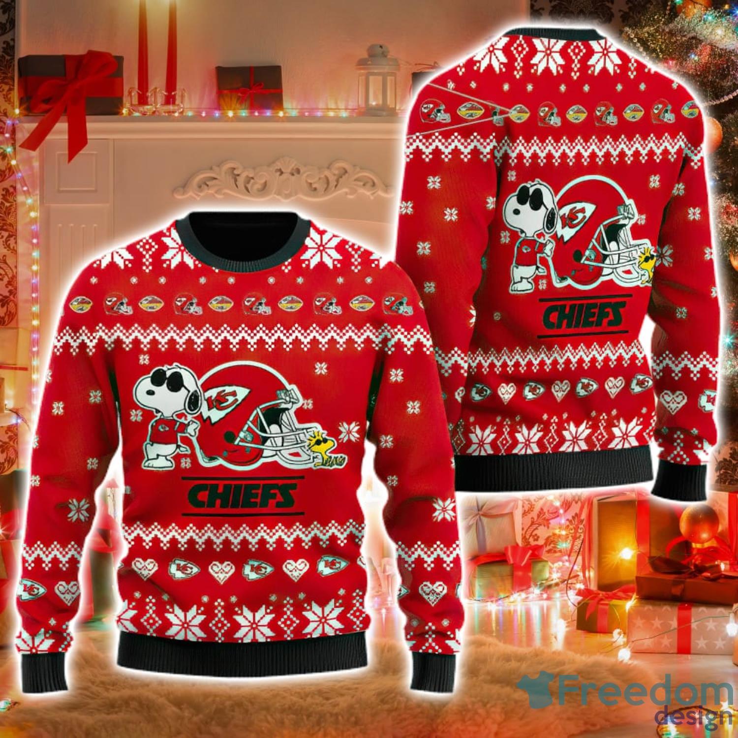 Kansas City Chiefs Cute Snoopy Football Helmet Ugly Christmas Sweater Product Photo 1