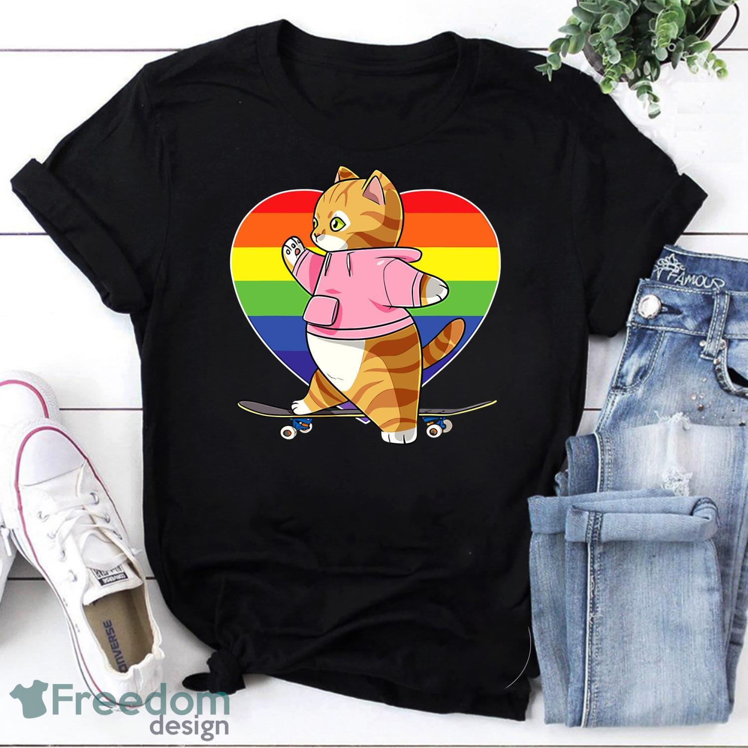 LGBT Funny Skateboarding Cat Vintage T-Shirt Pride Month Shirt Dad Hugs LGBT Shirt For LGBT Gift Product Photo 1