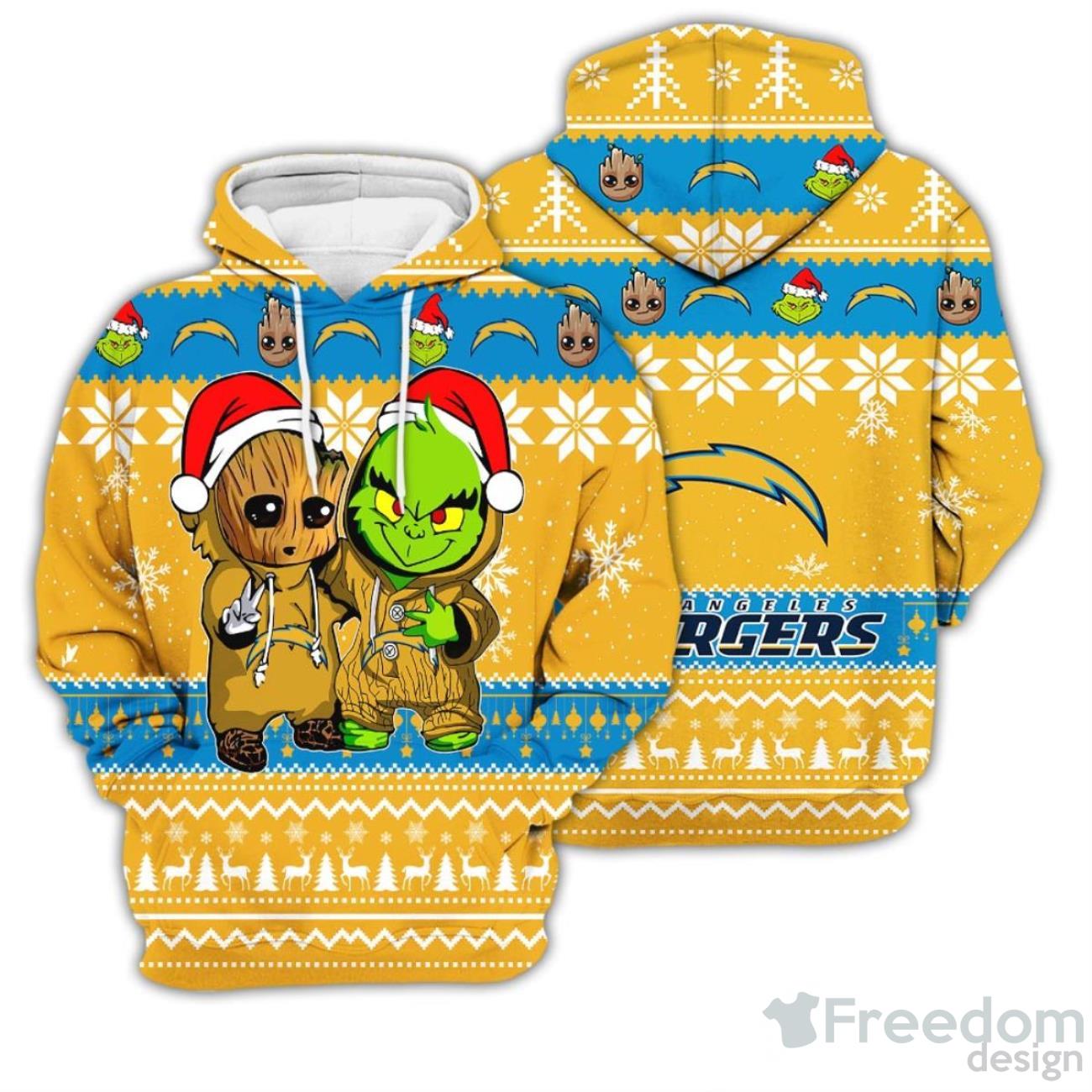 Los Angeles Chargers Baby Groot And Grinch Best Friends 3D Pullover Hoodie Product Photo 1
