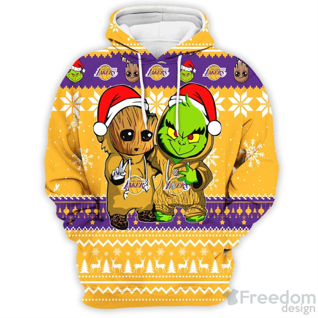 Los Angeles Lakers Baby Groot And Grinch Best Friends 3D Pullover Hoodie Product Photo 3