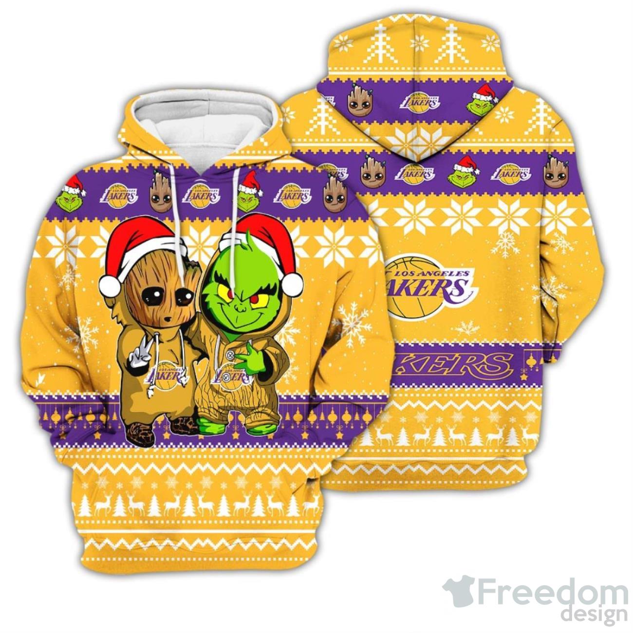 Los Angeles Lakers Baby Groot And Grinch Best Friends 3D Pullover Hoodie Product Photo 1