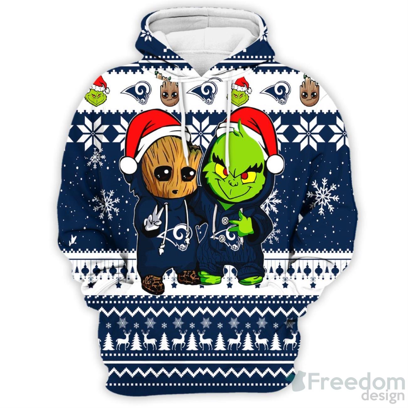 Los Angeles Rams Baby Groot And Grinch Best Friends 3D Pullover Hoodie Product Photo 3