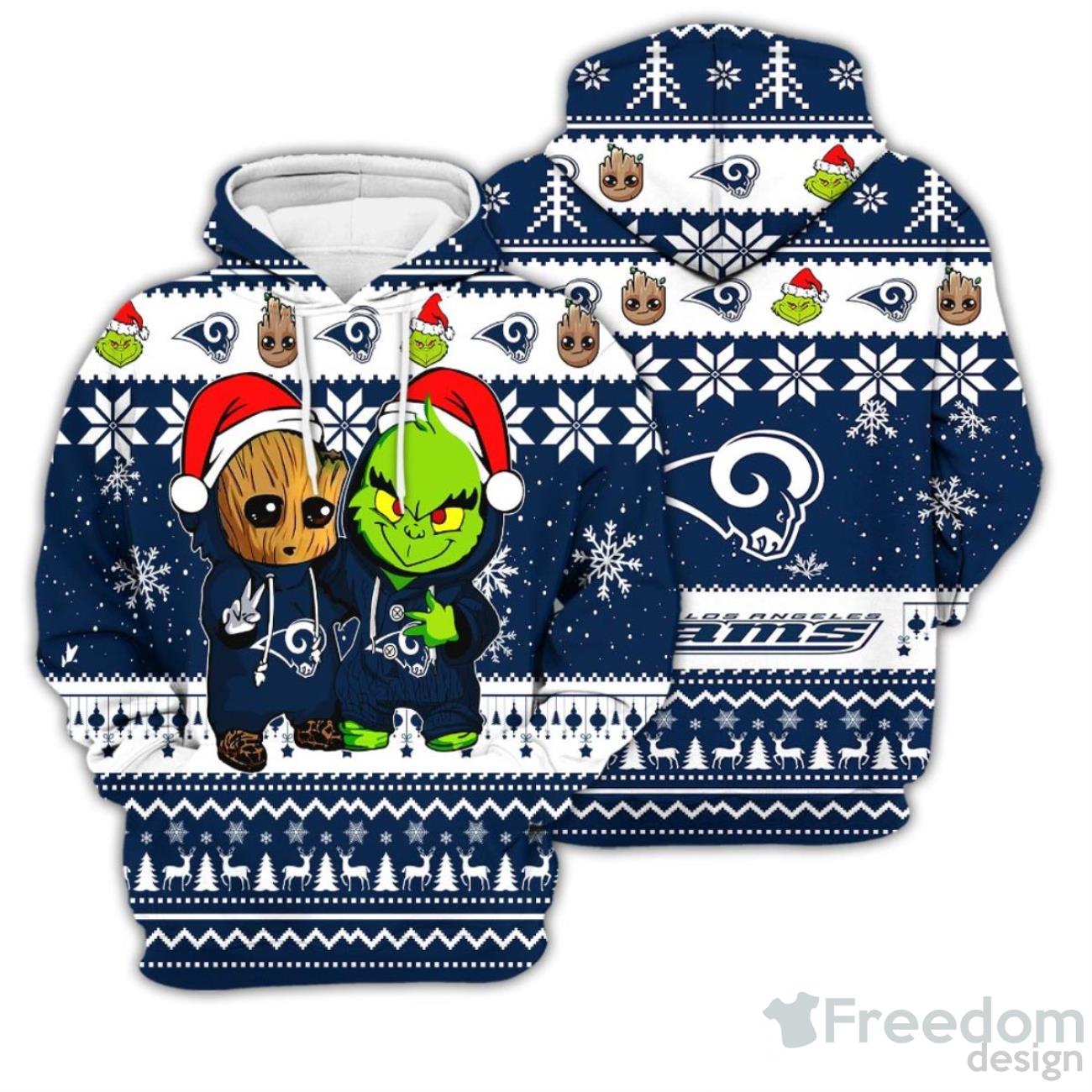 Los Angeles Rams Baby Groot And Grinch Best Friends 3D Pullover Hoodie Product Photo 1