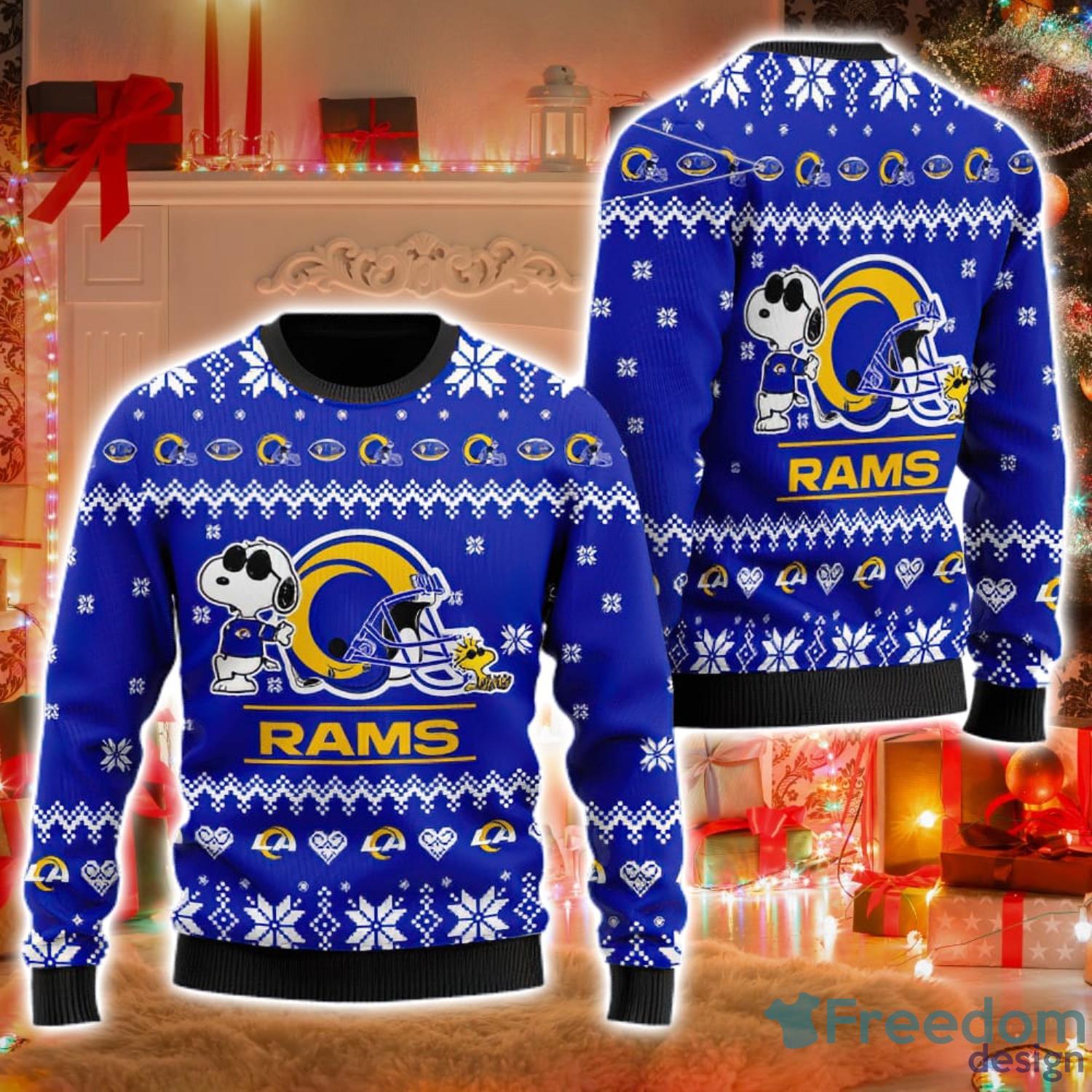 Los Angeles Rams Cute Snoopy Football Helmet Ugly Christmas Sweater Product Photo 1