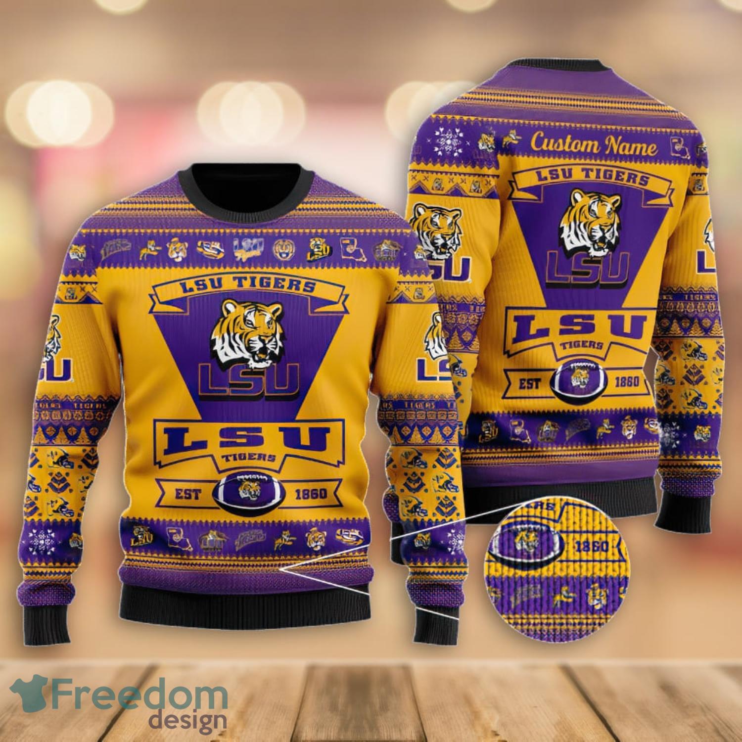 LSU Tigers Football Team Logo Custom Name Christmas Gift All Over Print Ugly Christmas Sweater Product Photo 1