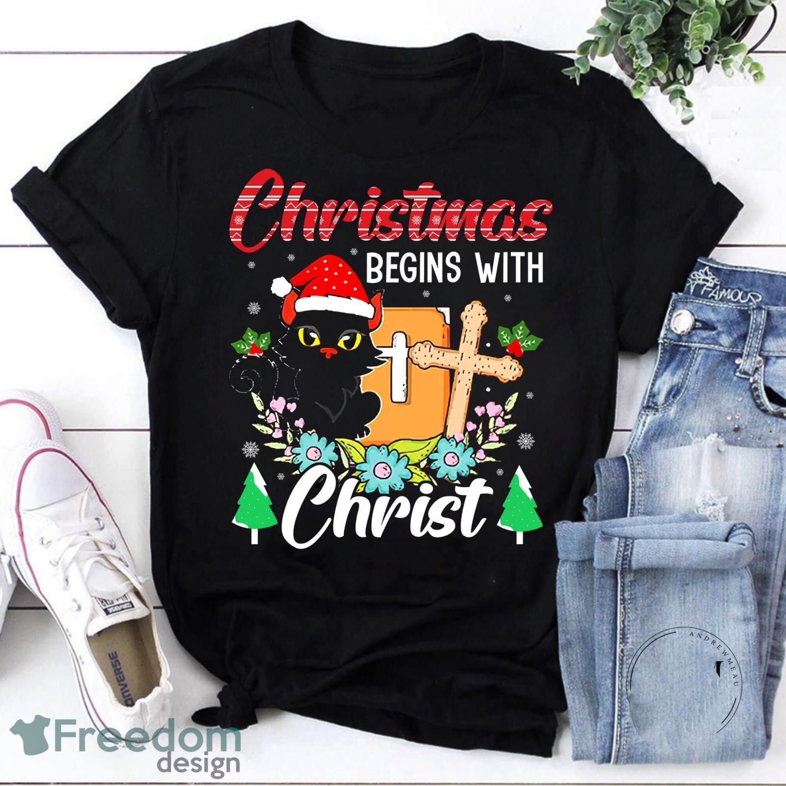 Merry Christmas Shirt Christmas Begins With Christ Black Cat Vintage T-Shirt Black Cat Christmas Shirt Product Photo 1