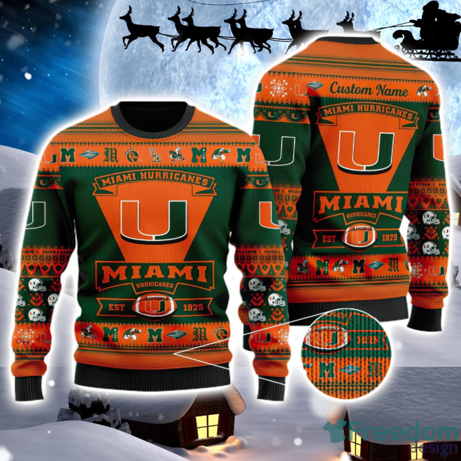 Miami Hurricanes Logo Custom Name For Football Fans Ugly Christmas Sweater Christmas Gift Product Photo 1