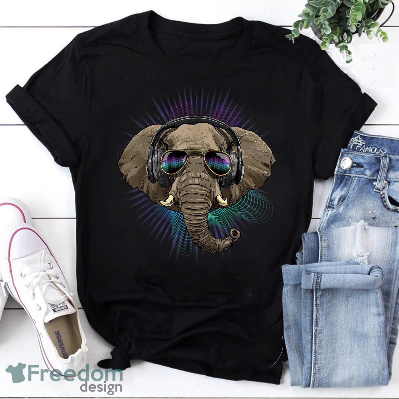 Music Elephant Dj With Headphones Musical Elephant Lovers Vintage T-Shirt Product Photo 1