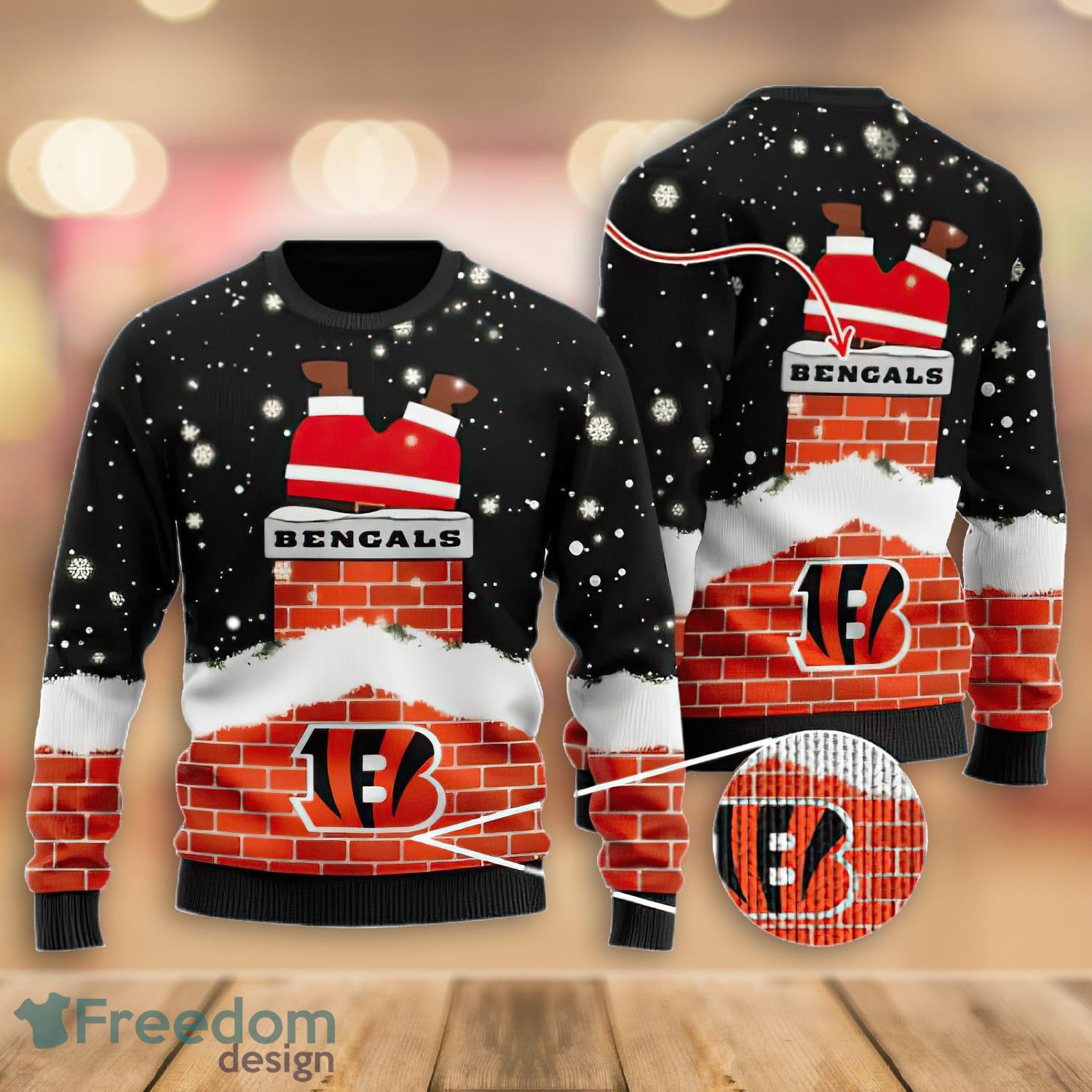 NFL Cincinnati Bengals Custom Name Text Santa Down The Chimney Christmas  Gift All Over Print Ugly Christmas Sweater - Freedomdesign