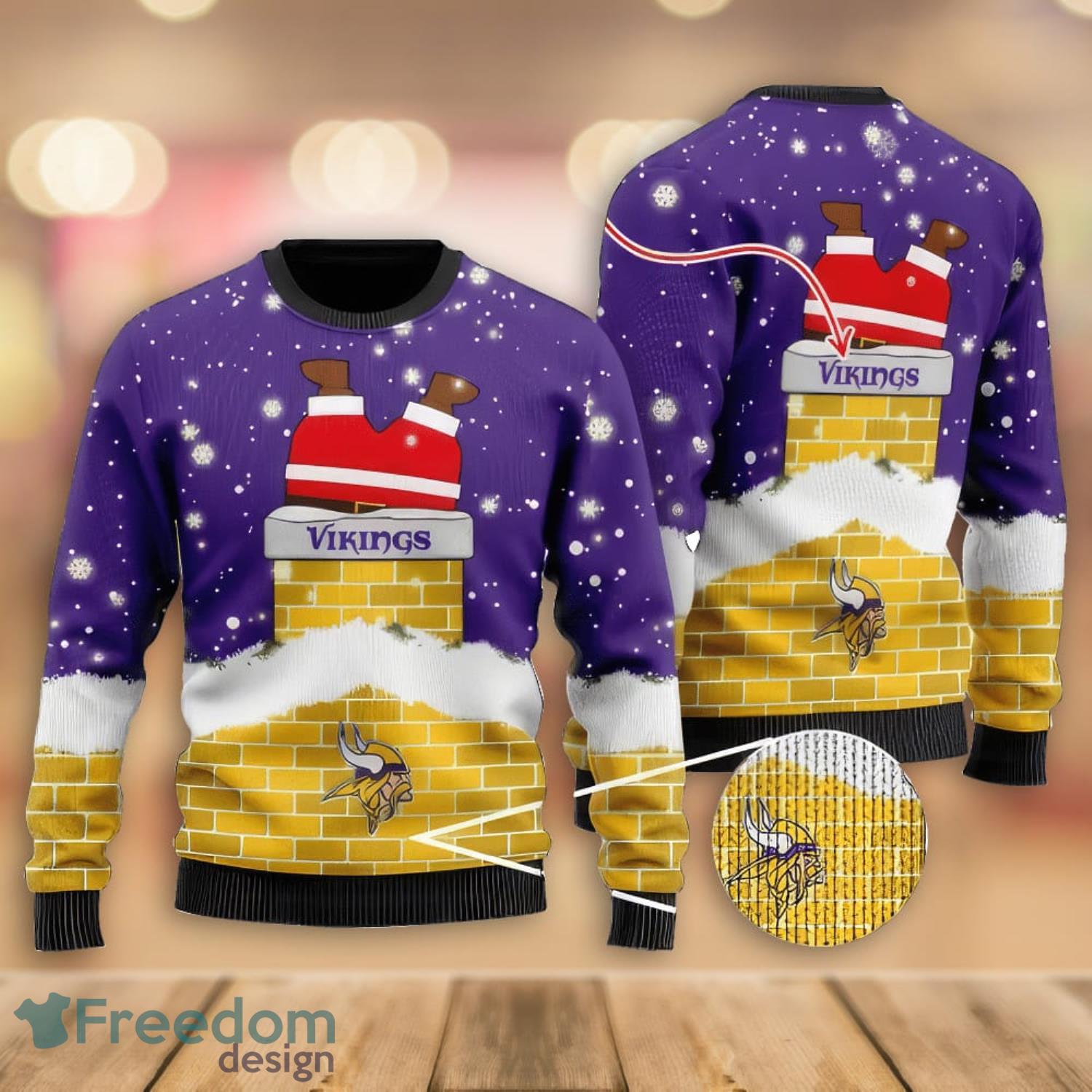 NFL Minnesota Vikings Custom Name Text Santa Down The Chimney Christmas  Gift All Over Print Ugly Christmas Sweater - Freedomdesign