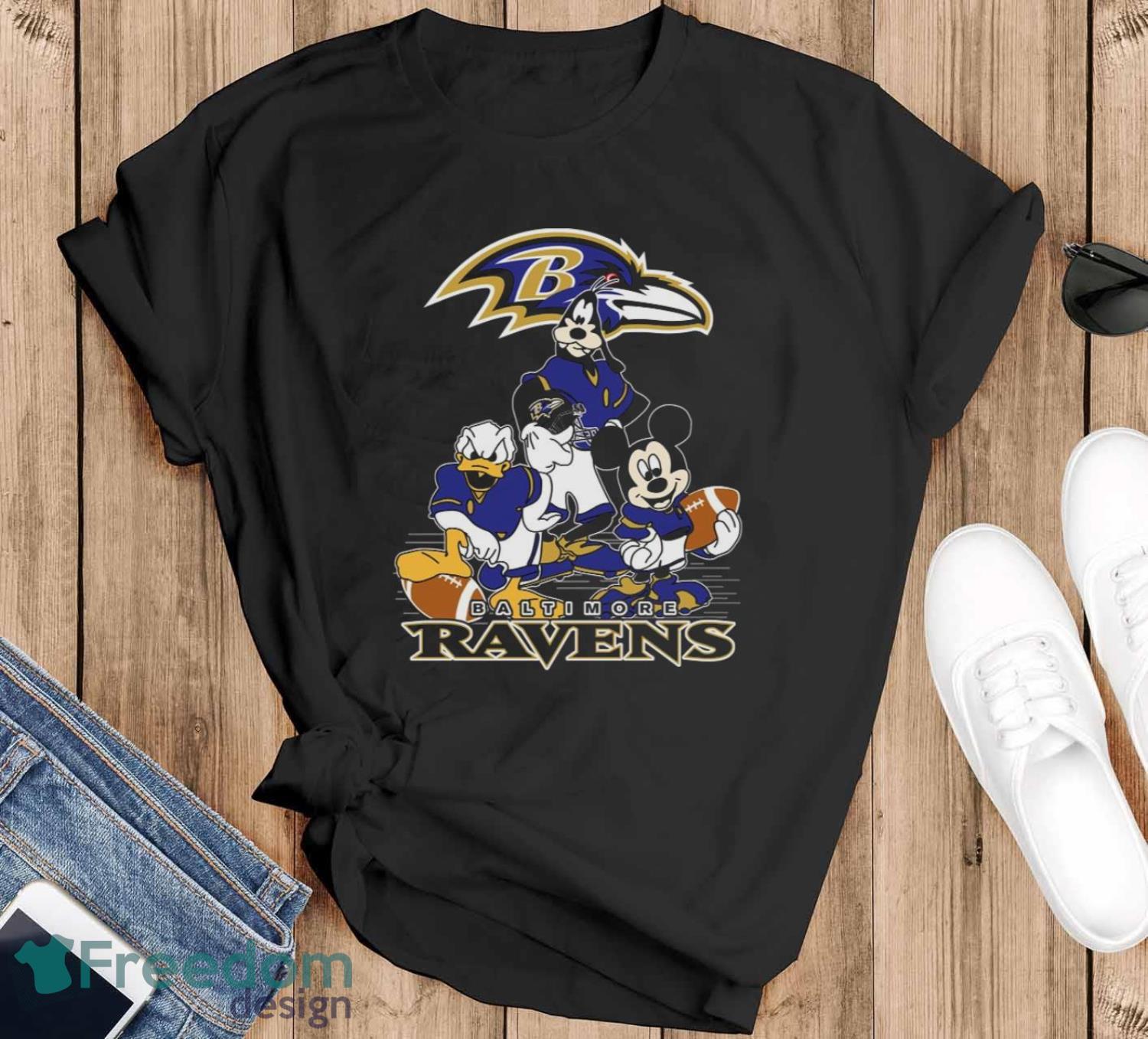 NFL Sport Fans Baltimore Ravens Mickey Mouse Donald Duck Goofy Football Shirt T Shirt Product Photo 1