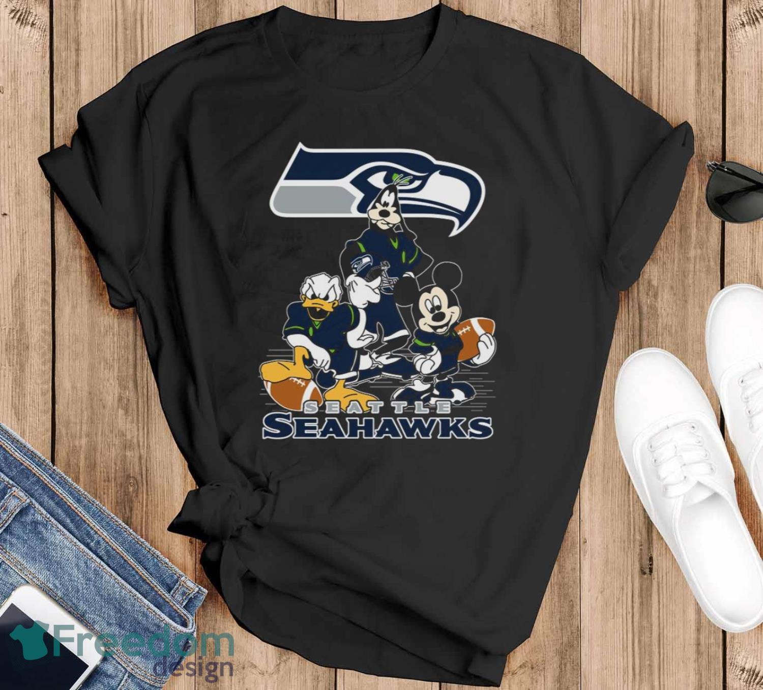 NFL Sport Fans Seattle Seahawks Mickey Mouse Donald Duck Goofy Football Shirt T Shirt Product Photo 1