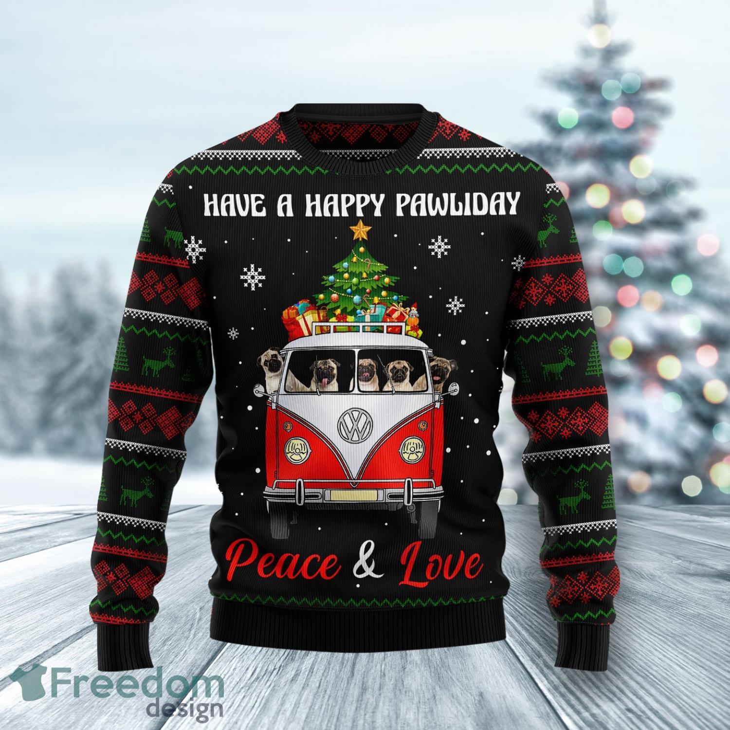 Pug Dogs Carrying Gift Christmas On The Red Car Ugly Christmas Sweater Product Photo 1