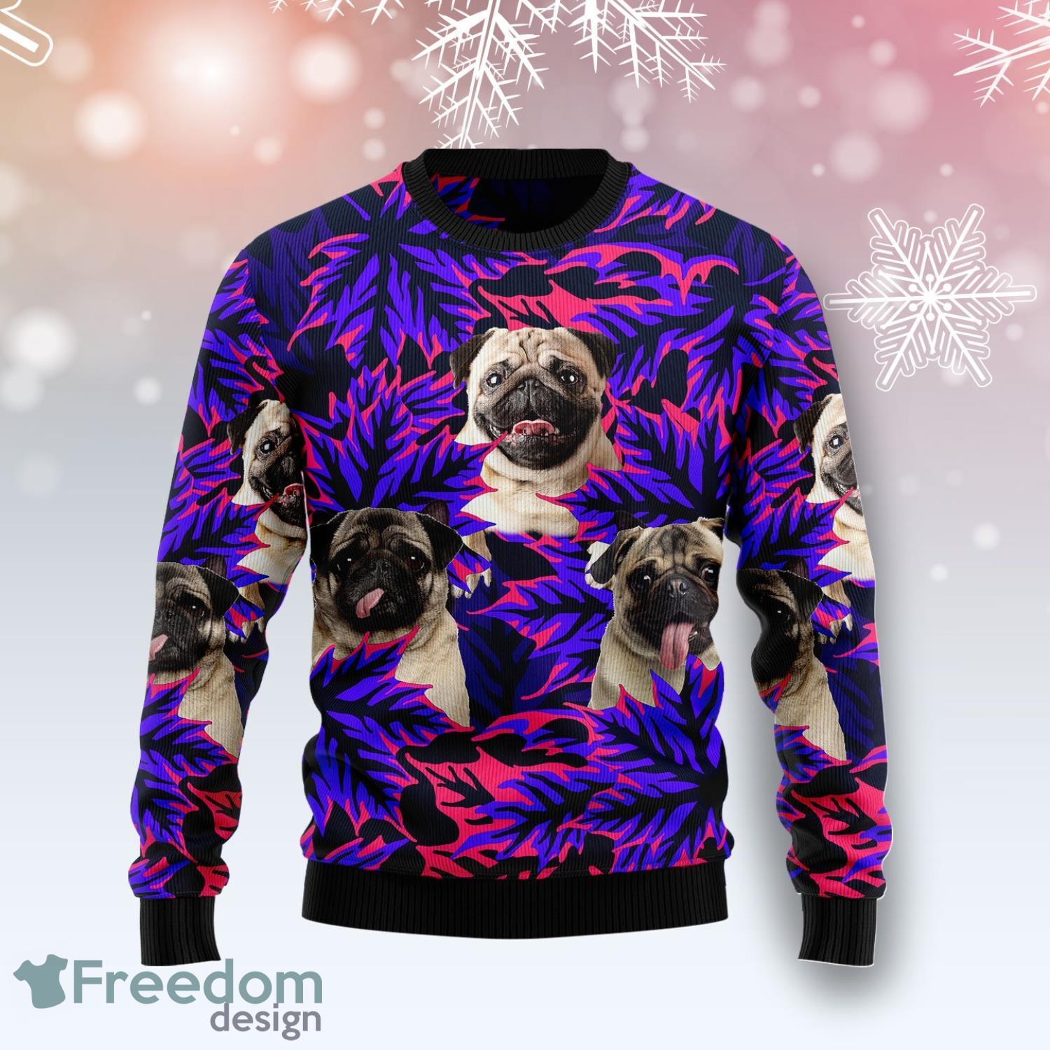 Pug Leaves Purple Ugly Christmas Holiday Sweater Product Photo 1