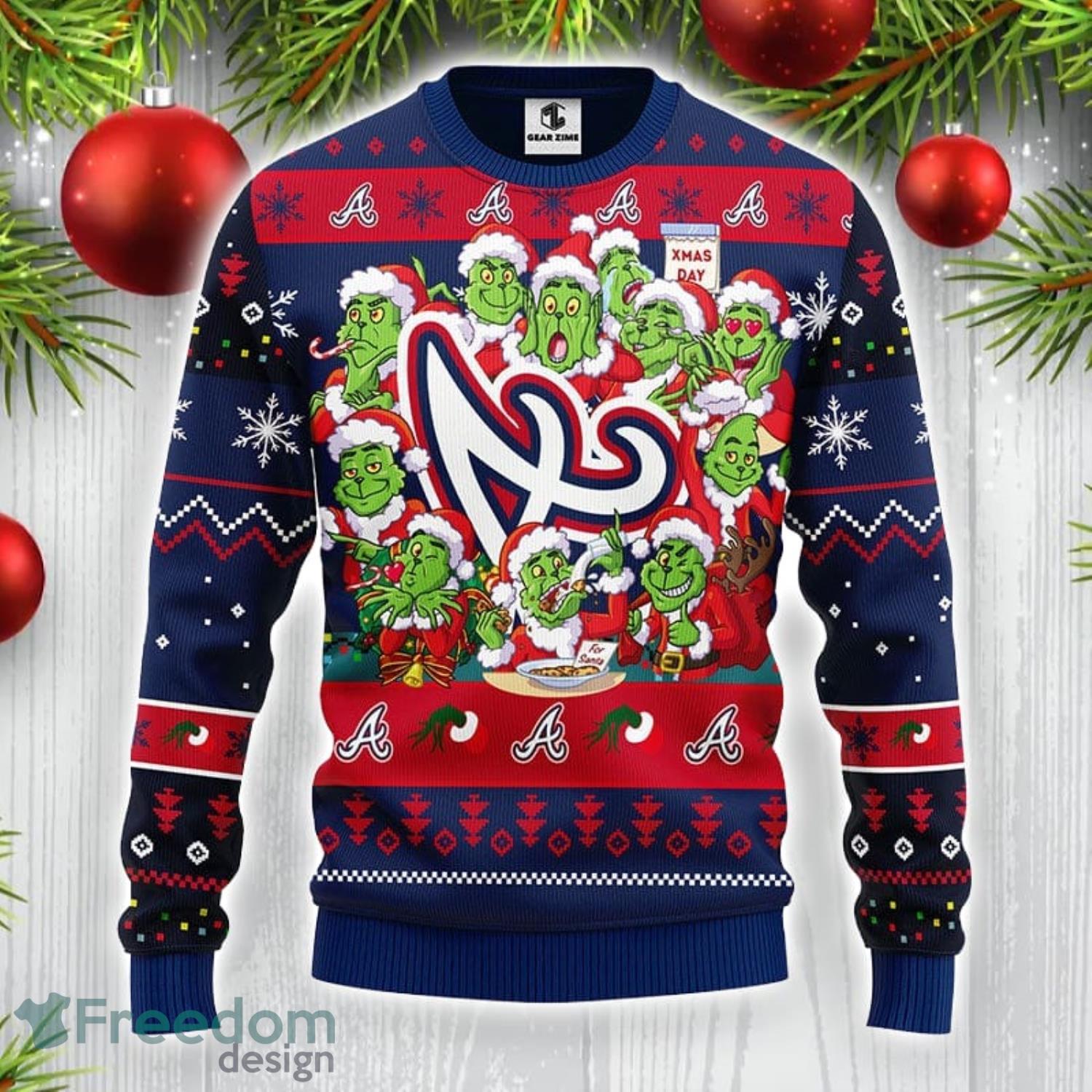 MLB Atlanta Braves Custom Name And Number Ugly Christmas Sweater Grinch  Drink Up - Freedomdesign