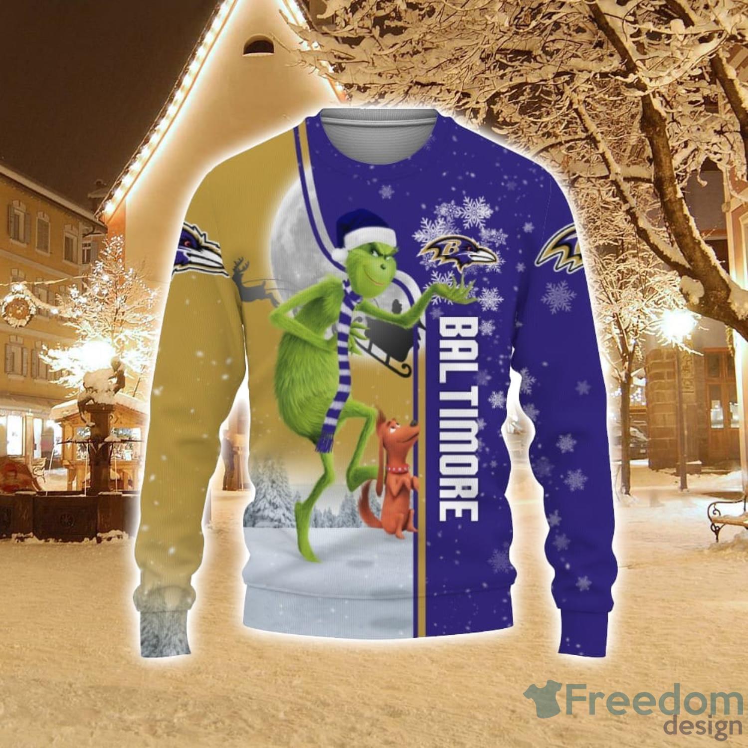 Men And Women Christmas Gift NFL Baltimore Ravens Cute 12 Grinch Face Xmas  Day 3D Ugly Christmas Sweater - Banantees