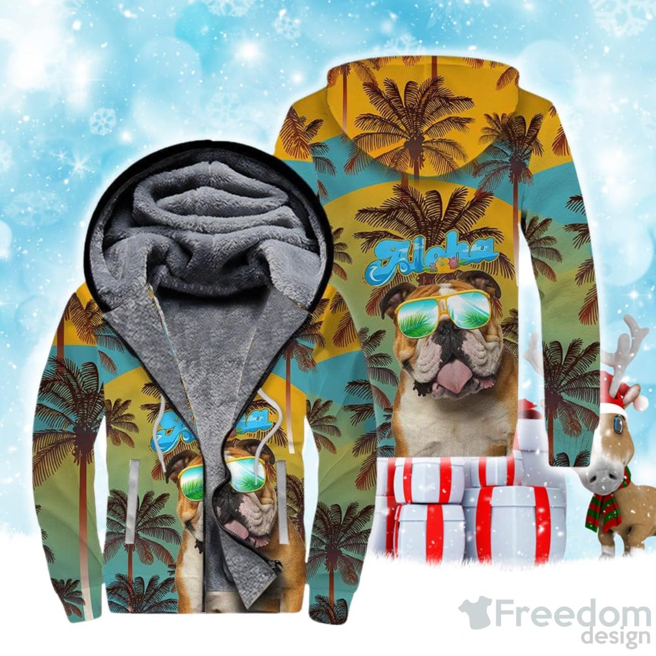 Bulldog Aloha Christmas Fleece Zip Hoodie image Bulldog Aloha Christmas Fleece Zip Hoodie Product Photo 1
