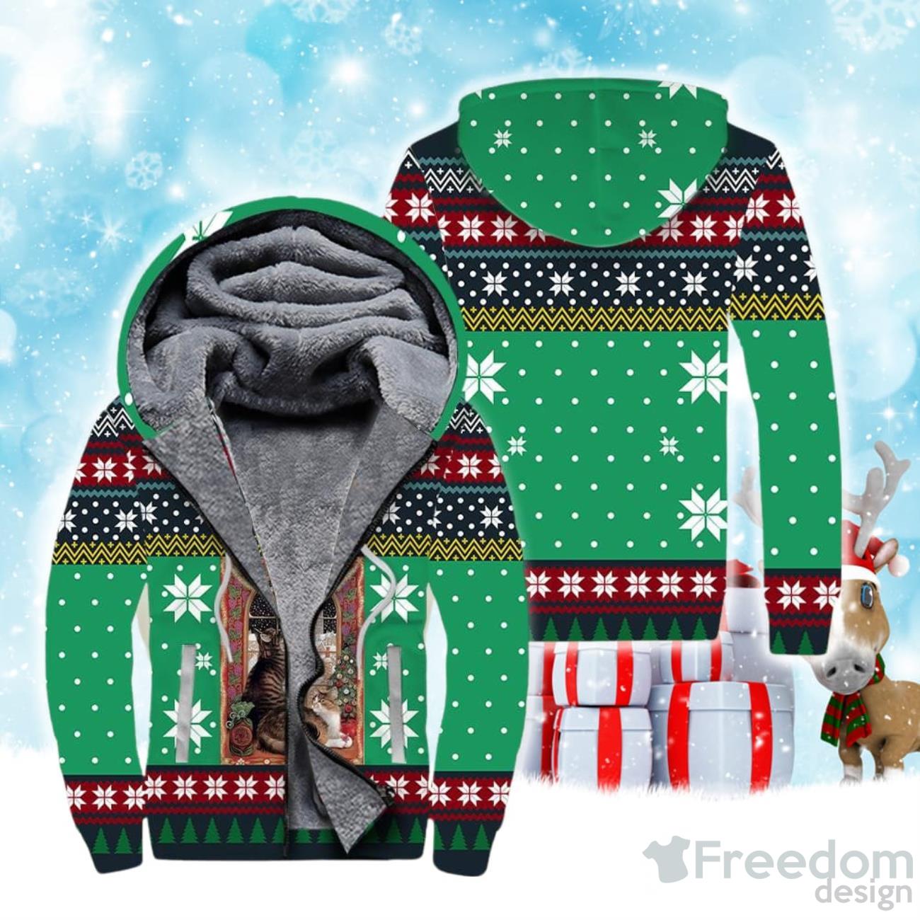 Cat Christmas Snow Window Fleece Zip Hoodie Product Photo 1