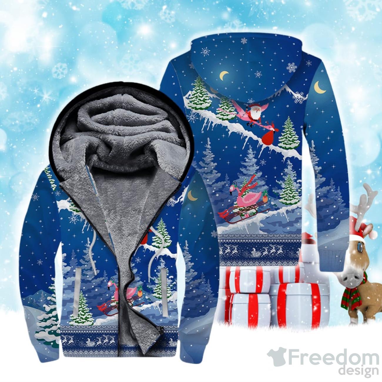 Christmas Flamingo Skiing Fleece Zip Hoodie Product Photo 1