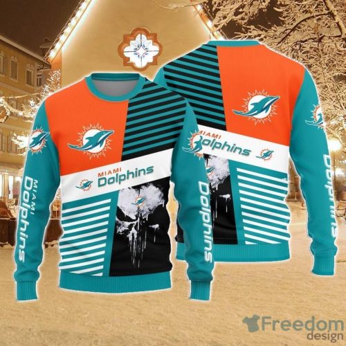 Christmas Sweater Miami Dolphins Skull Pattern Limited Edition 3D Sweater - Stocktee Miami Dolphins Skull Pattern Limited Edition Knitted Sweater NEW058408