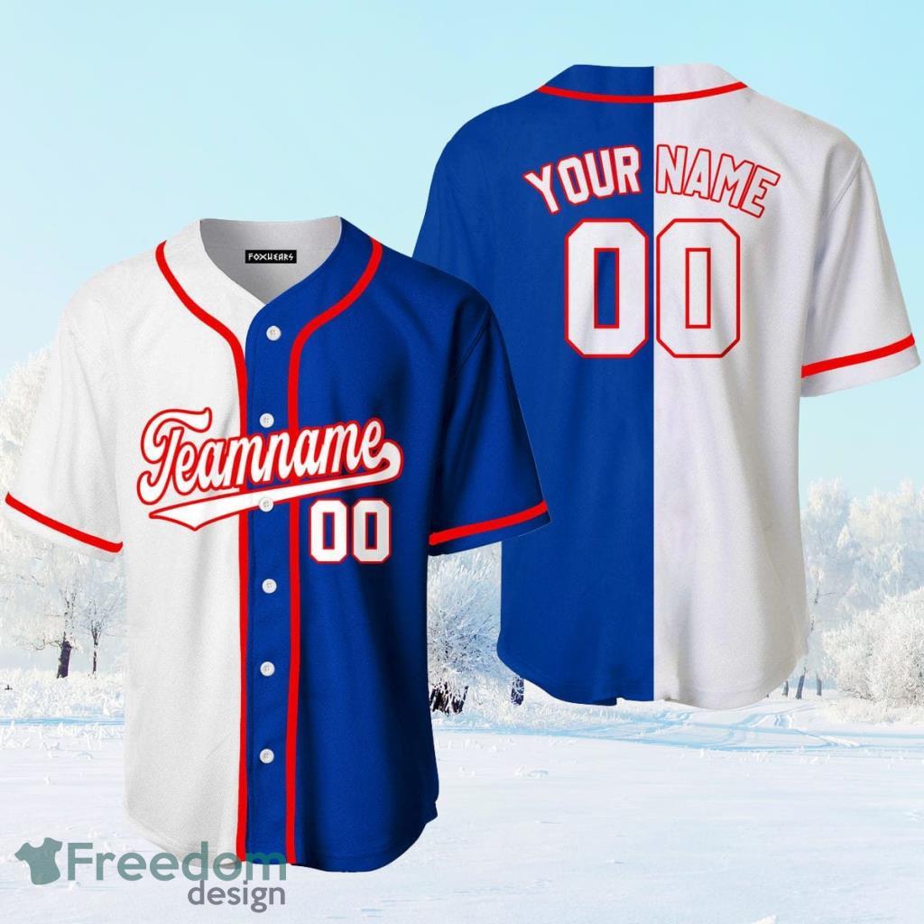 Custom Name Blue Red White Split Fashion Baseball Jerseys Shirt -  Freedomdesign