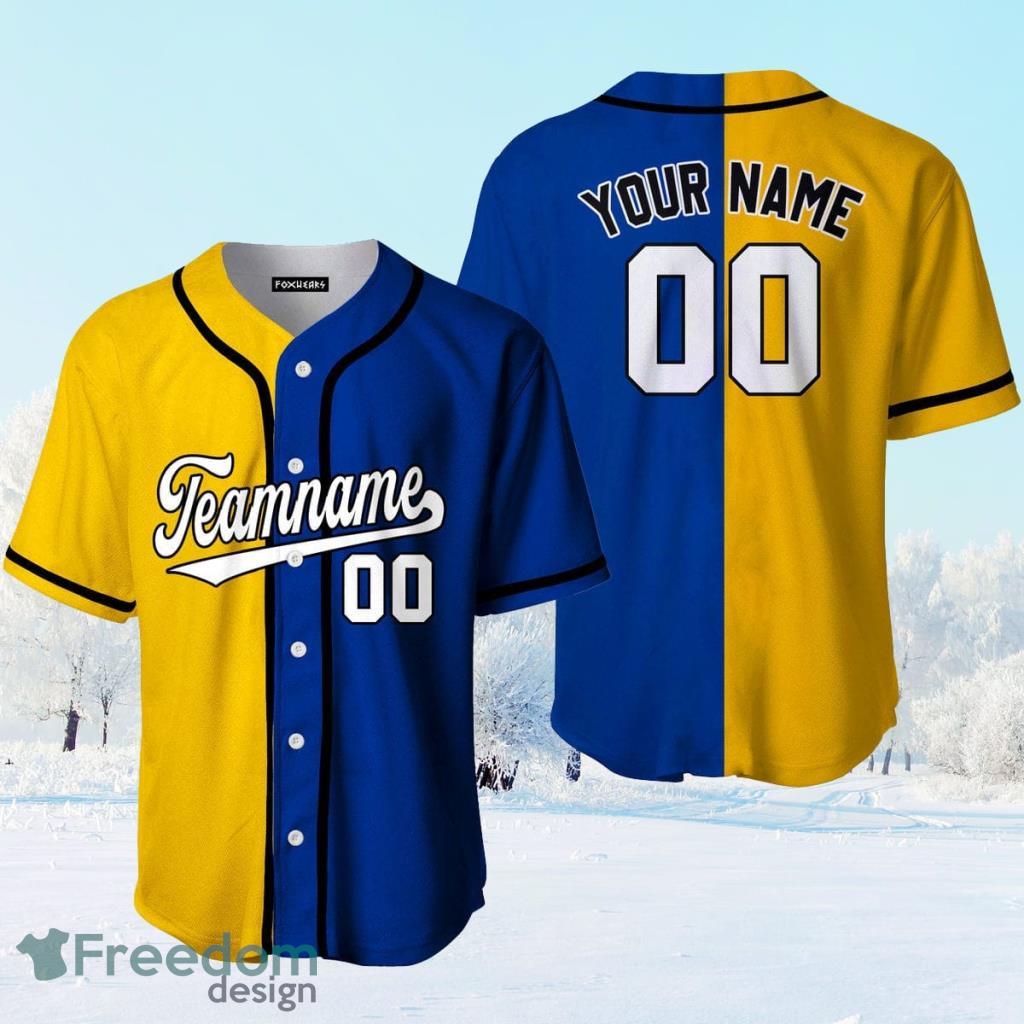 Custom Name Gold Royal Light Blue Split Fashion Baseball Jerseys Shirt -  Freedomdesign