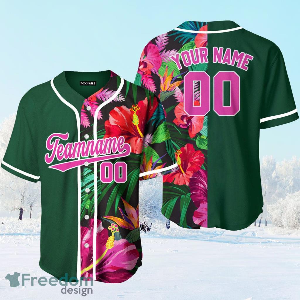 Custom Name Hibicus Kelly Green Pink Baseball Jerseys Shirt - Freedomdesign