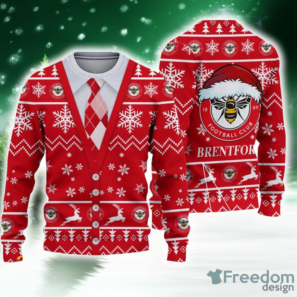 EPL Brentford FC Santa hat Logo Ugly Christmas Sweater AOP Snow Flowers For Mens image EPL Brentford FC Santa hat Logo Ugly Christmas Sweater AOP Snow Flowers For Mens - EPL Brentford FC Santa hat Logo Ugly Christmas Sweater AOP Snow Flowers For Mens
