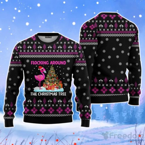 Funny Flamingo Flocking Around The Christmas Tree Christmas Unisex Ugly Sweater Product Photo 1