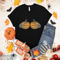 Funny Halloween Skeleton Hands On Chest Pumpkin Boobs T-Shirt Halloween Gift