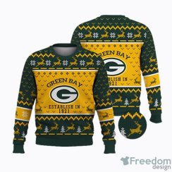 Green Bay Packers Establish In 1921 Snowflake Reindeer Pattern AOP Ugly Christmas Sweater Christtmas Holiday Gift