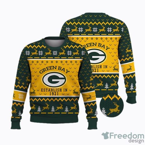 Green Bay Packers Establish In 1921 Snowflake Reindeer Pattern AOP Ugly Christmas Sweater Christtmas Holiday Gift Product Photo 1