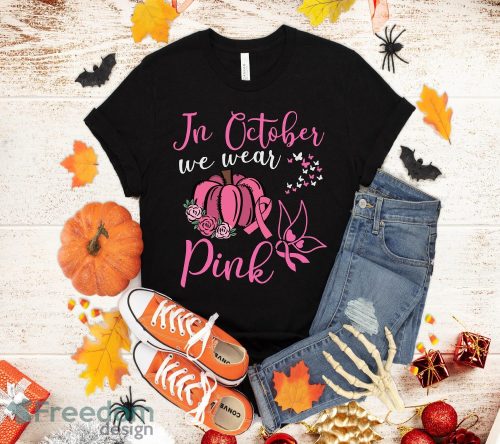 In October We Wear Pink Ghosts & Pumpkins For Breast Cancer T-Shirt Halloween Gift Product Photo 1