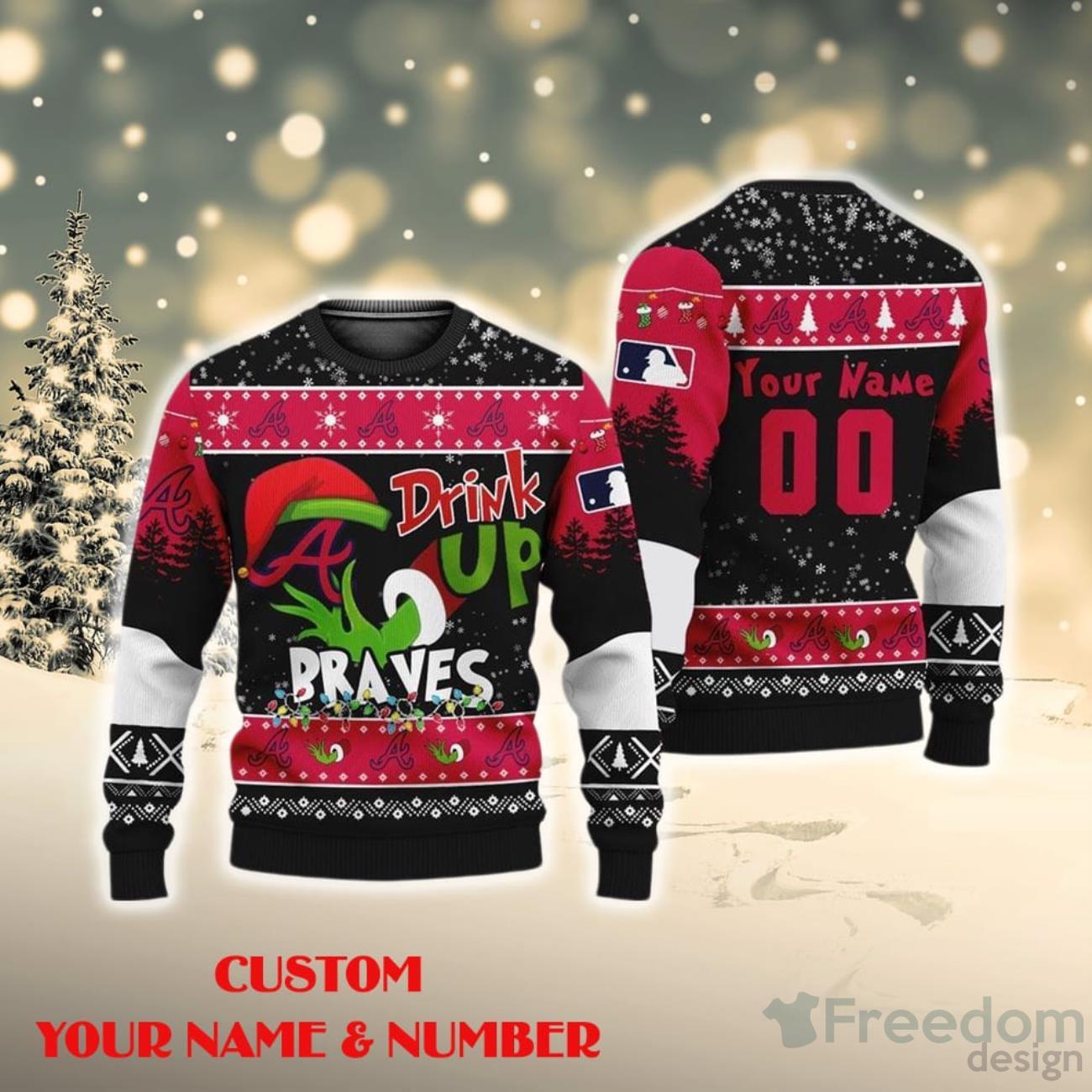 MLB Atlanta Braves Custom Name And Number Ugly Christmas Sweater Grinch  Drink Up - Freedomdesign