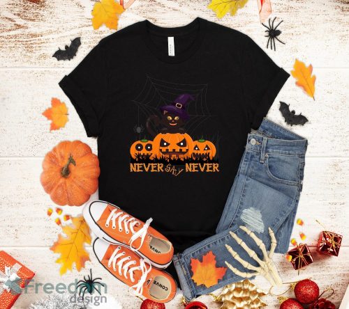 Never Say Never Cute Witch Cat and Pumpkin T-Shirt Halloween Gift Product Photo 1