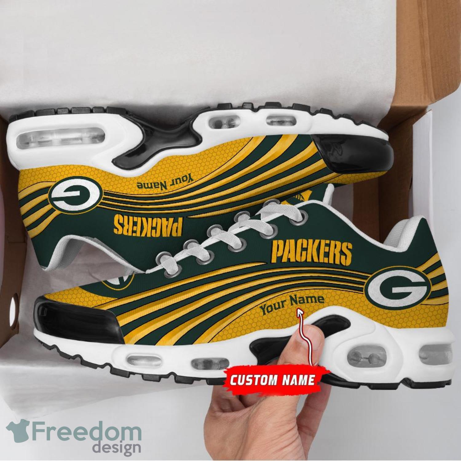 NFL Green Bay Packers Custom Name Green White Stripes Yellow Max Soul Shoes  Gift For Fans Sport