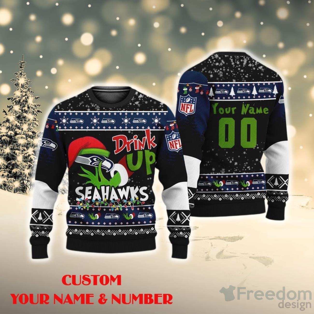 NHL Custom Name And Number Grinch Drink Up Chicago Blackhawks Ugly  Christmas Sweaters Christmas Gift For Fans