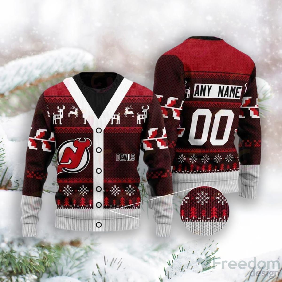 NHL New Jersey Devils Custom Name Number Red Black Stadium 3D Ugly  Christmas Sweater Christmas Gift Ideas For Fans - Freedomdesign