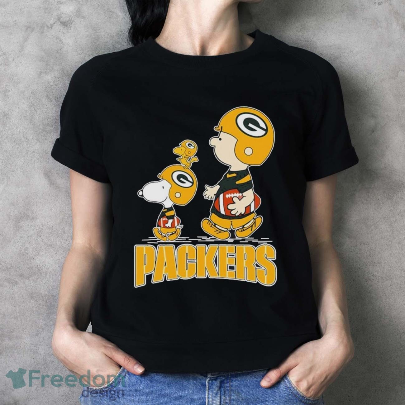 Peanuts Charlie Brown Snoopy And Woodstock Green Bay Packers Walking Shirt image Peanuts Charlie Brown Snoopy And Woodstock Green Bay Packers Walking Shirt - Ladies T-Shirt