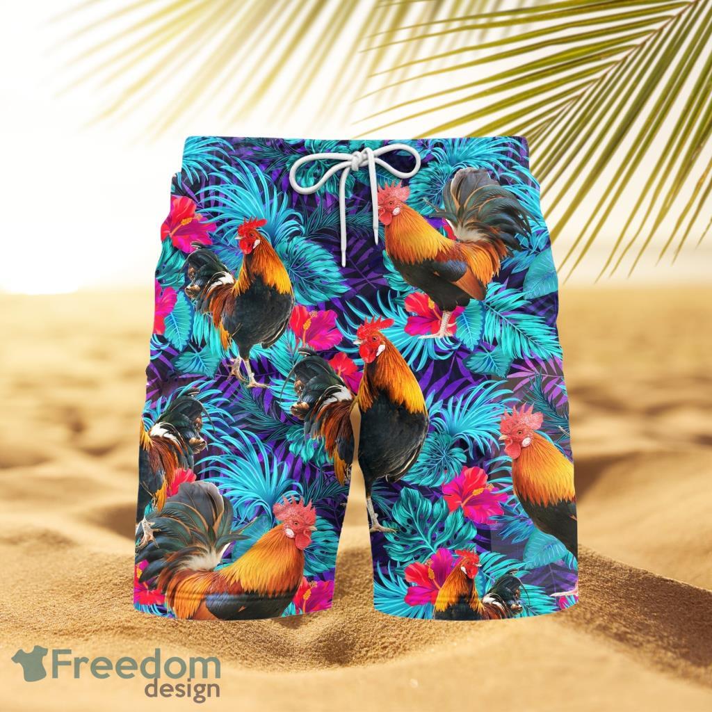 Rooster Blue Neon Tropical Beach Hawaiian Shorts For Men Product Photo 1