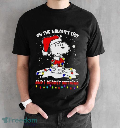 Snoopy Hat Santa On The Naughty List And I Regret Nothing Christmas 2023 Shirt - Black Unisex T-Shirt