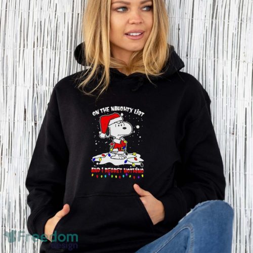 Snoopy Hat Santa On The Naughty List And I Regret Nothing Christmas 2023 Shirt - Unisex Hoodie