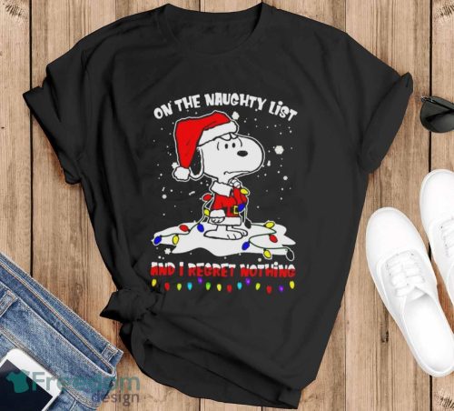 Snoopy Hat Santa On The Naughty List And I Regret Nothing Christmas 2023 Shirt - Black T-Shirt