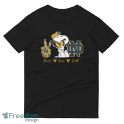 Snoopy Peace Love Notre Dame Fighting Irish T Shirt, Christmas Sweatshirt image Snoopy Peace Love Notre Dame Fighting Irish T Shirt, Christmas Sweatshirt - 980 Lightweight Fashion Short Sleeve T-Shirt