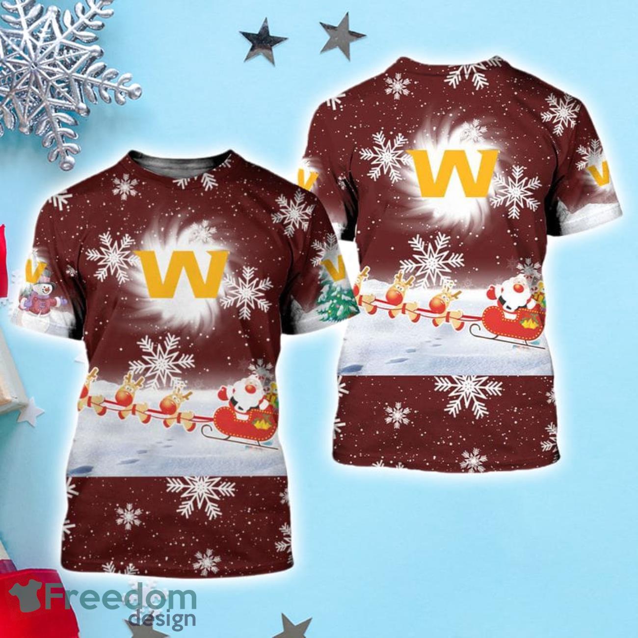 Washington Commanders Snow Reindeer Santa Claus Christmas 3D Shirt image Washington Commanders Snow Reindeer Santa Claus Christmas 3D Shirt Product Photo 1