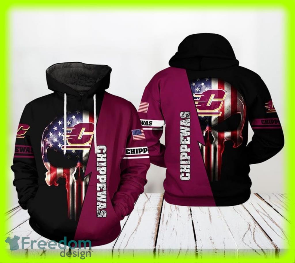 Central Michigan Chippewas NCAA US Flag Skull Hoodie 3D All Over Print Gift For Men And Women Product Photo 1