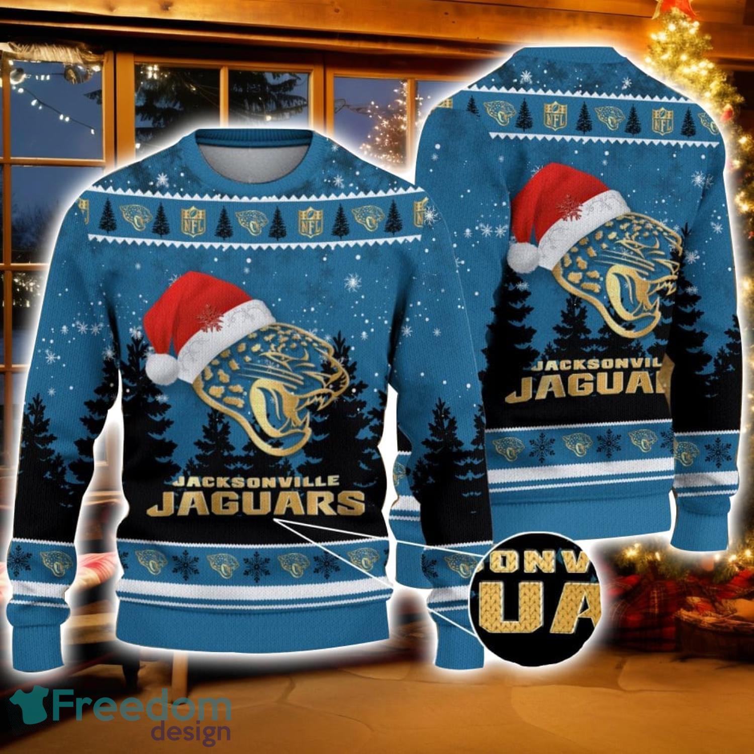 Jacksonville Jaguars Logo Wearing Santa Hat Christmas Gift Ugly Christmas Sweater For Sport Fans image Jacksonville Jaguars Logo Wearing Santa Hat Christmas Gift Ugly Christmas Sweater For Sport Fans Product Photo 1