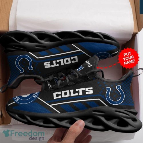 Indianapolis Colts Logo Pattern Custom Name In Black Blue Running Shoes Gift Max Soul Sneakers Ideas Fans - Indianapolis Colts Logo Pattern Custom Name 3D Max Soul Sneaker Shoes In Black Blue_3