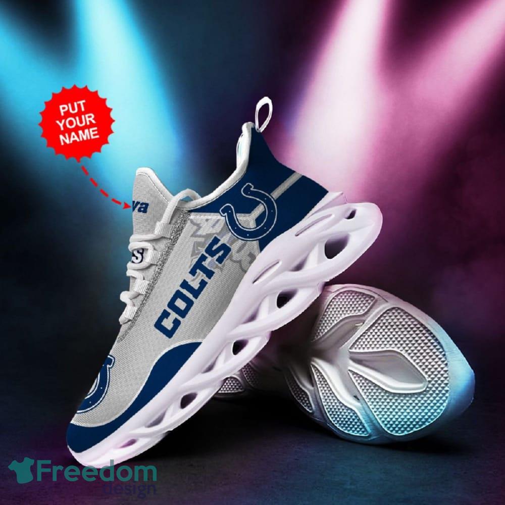 Indianapolis Colts Logo Pattern Custom Name In Blue Gray Running Shoes Gift Max Soul Sneakers Ideas Fans - Indianapolis Colts Logo Pattern Custom Name 3D Max Soul Sneaker Shoes In Blue Gray_1