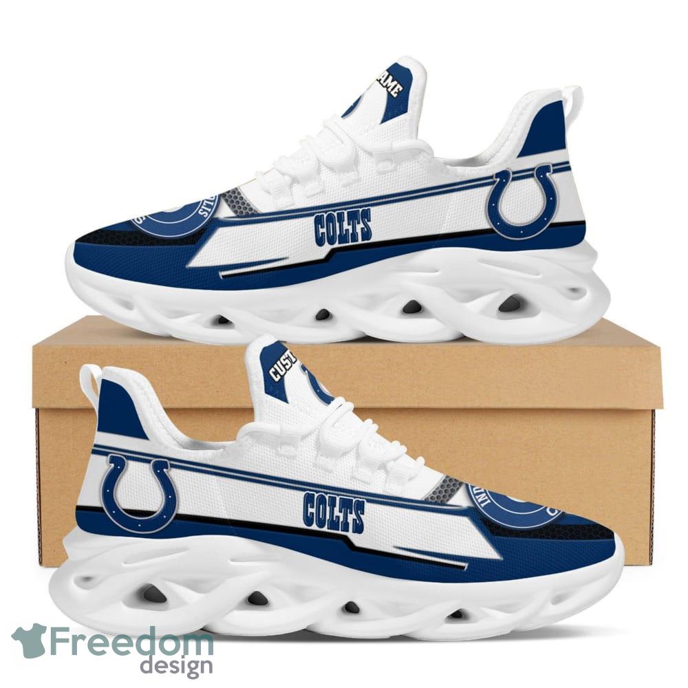 Indianapolis Colts Logo Pattern Custom Name In Blue White Running Shoes Gift Max Soul Sneakers Ideas Fans - Indianapolis Colts Logo Pattern Custom Name 3D Max Soul Sneaker Shoes In Blue White_1